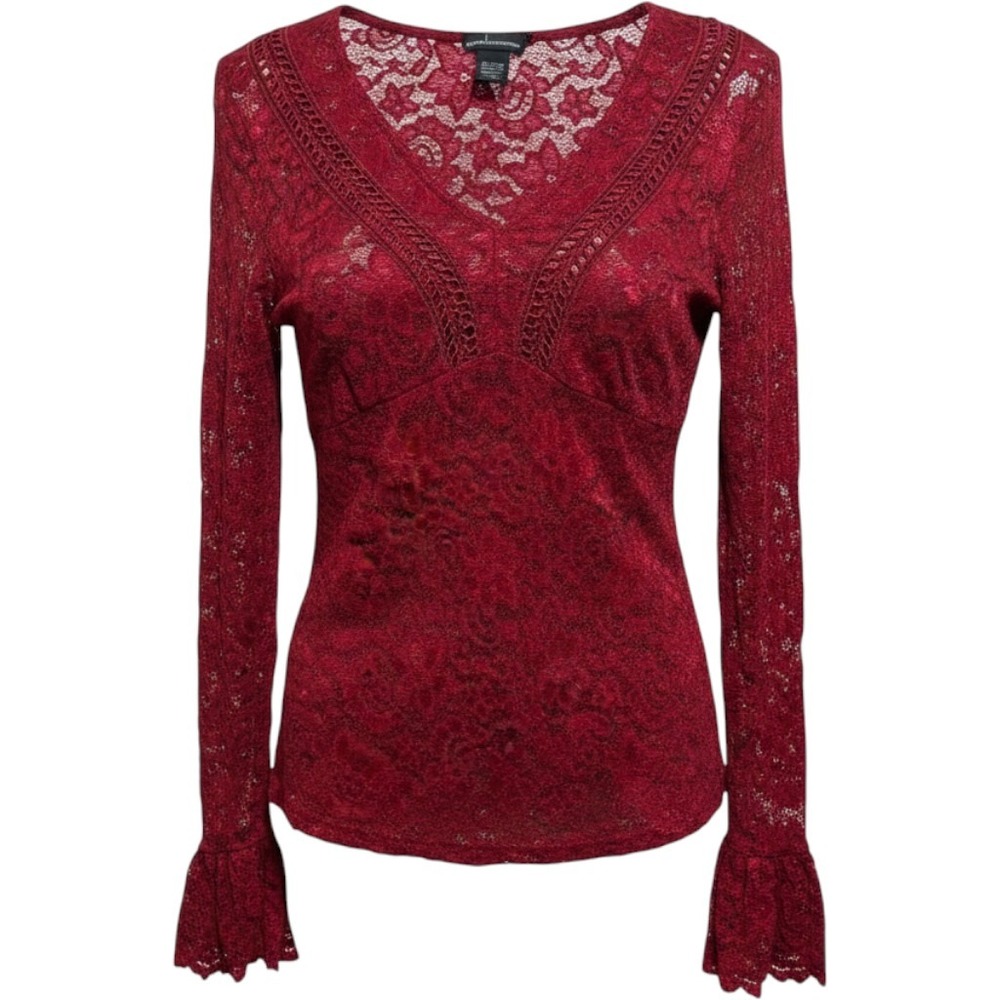Moda International Lace Top Women M Red Bell Sleeve Blouse Y2K Whimsigoth V Neck